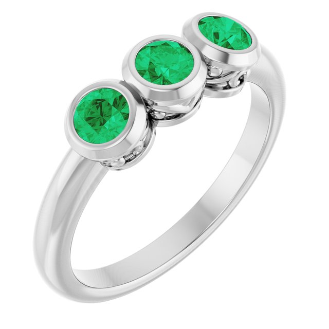 14K White Natural Emerald Three-Stone Ring